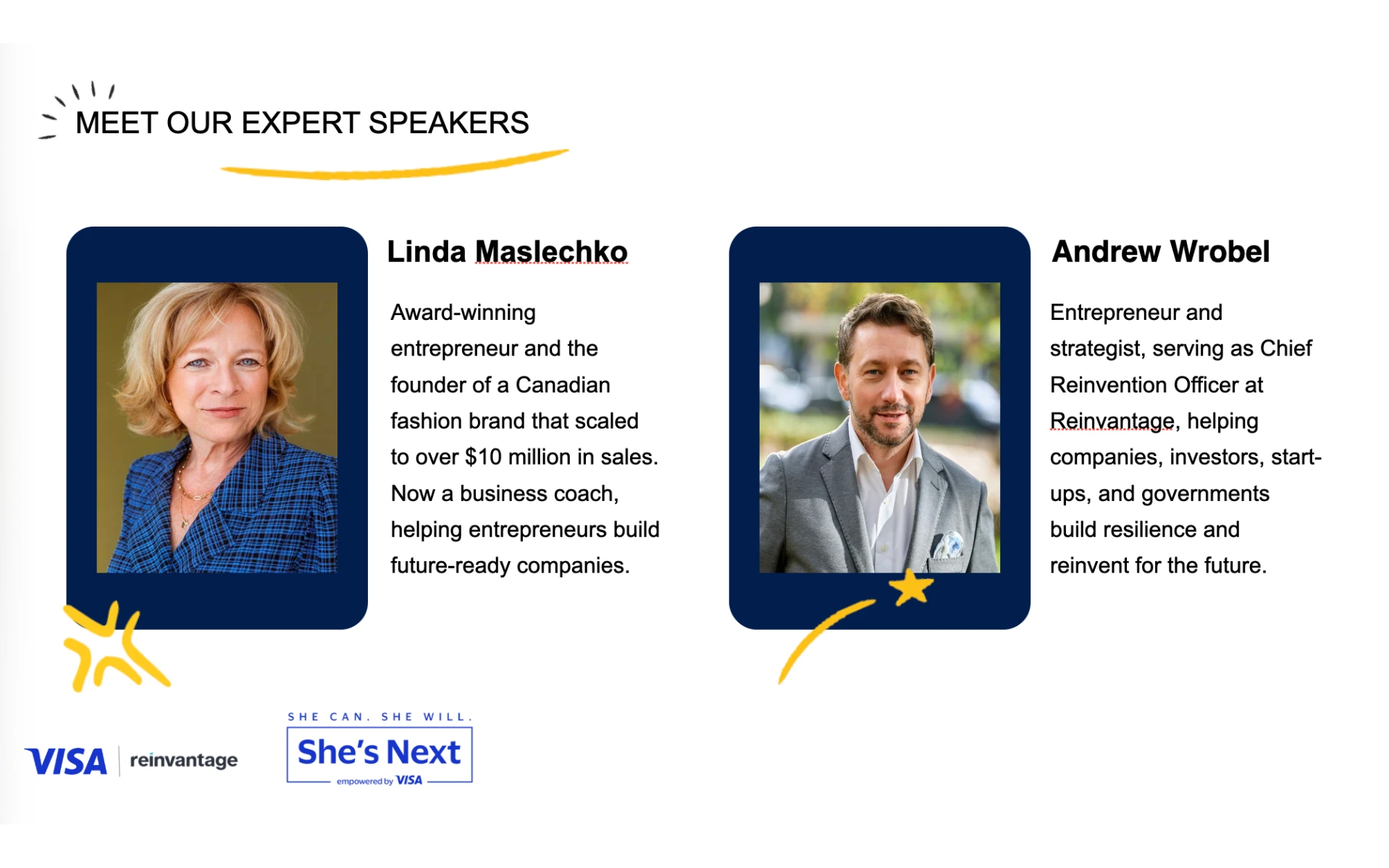 Promotional slide headed 'Meet our expert speakers' showing portraits and biographies of Linda Maslechko and Andrew Wrobel, with the Visa, Reinvantage and She's Next marks along the foot