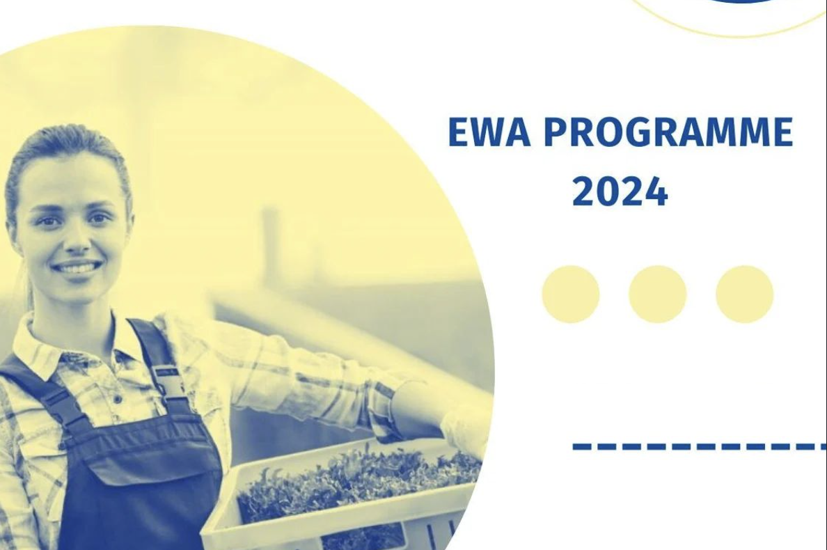 Promotional graphic for the EWA Programme 2024: a smiling woman in overalls and a plaid shirt holding a crate of greens inside a circular cutout, beside the programme title in navy lettering on white