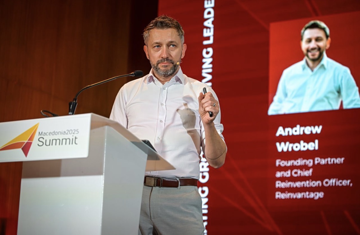 Andrew Wrobel delivering a keynote at the Macedonia 2025 Summit in Skopje