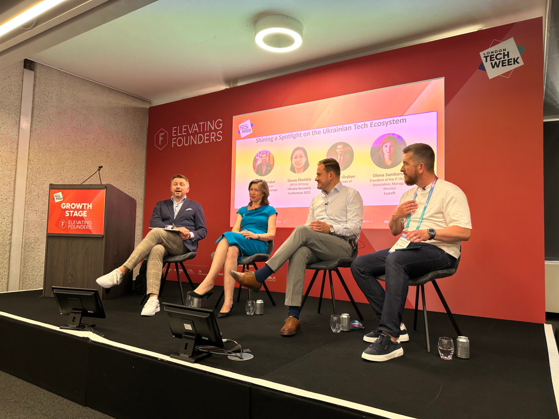 Andrew Wrobel seated at the left of four panelists on the London Tech Week Growth Stage, a screen behind them reading 'Shining a Spotlight on the Ukrainian Tech Ecosystem' with the speakers' names