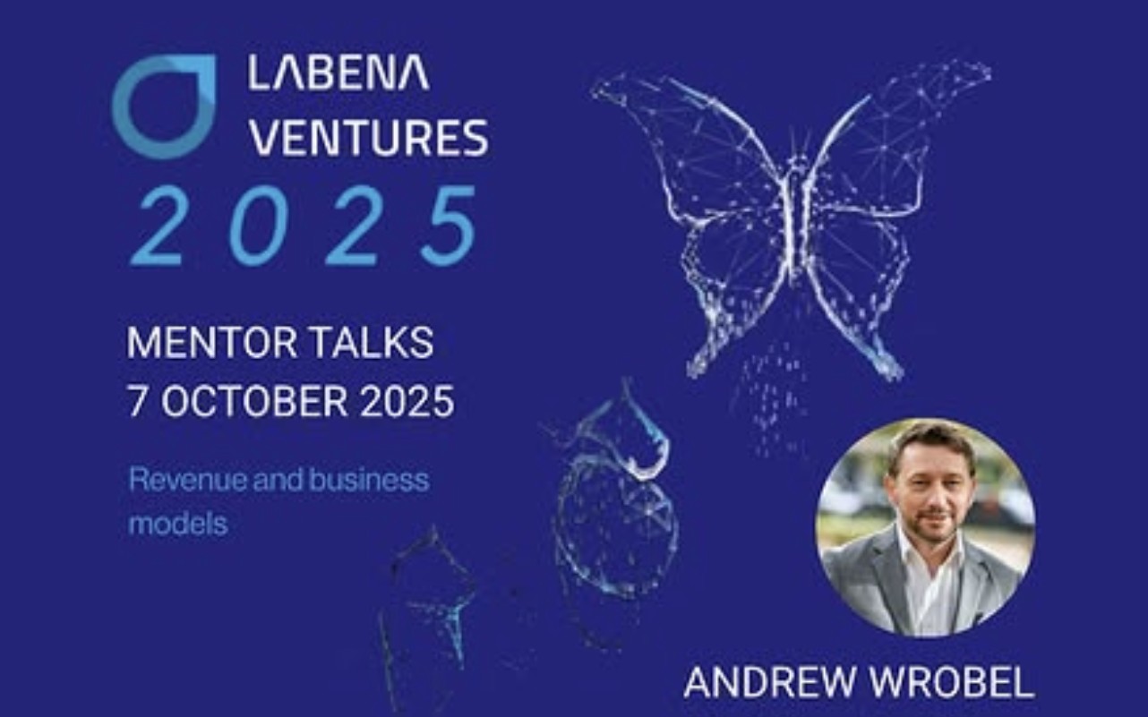 Promotional graphic for Labena Ventures Mentor Talks on 7 October 2025, announcing Andrew Wrobel speaking on revenue and business models
